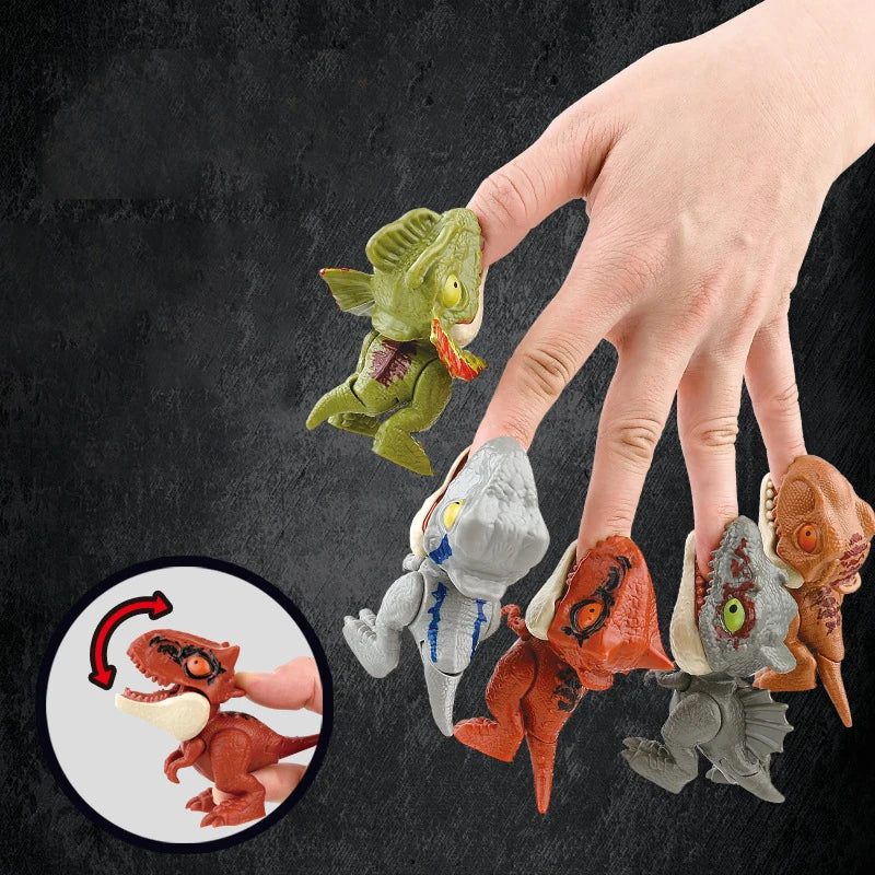 A hand is holding and interacting with small, green and brown dinosaur figurines.
