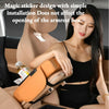 A woman is shown using a magic sticker design on a car armrest cushion with cup holders and storage.