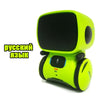 A lime green interactive voice-controlled robot toy with a black face and audio controls.