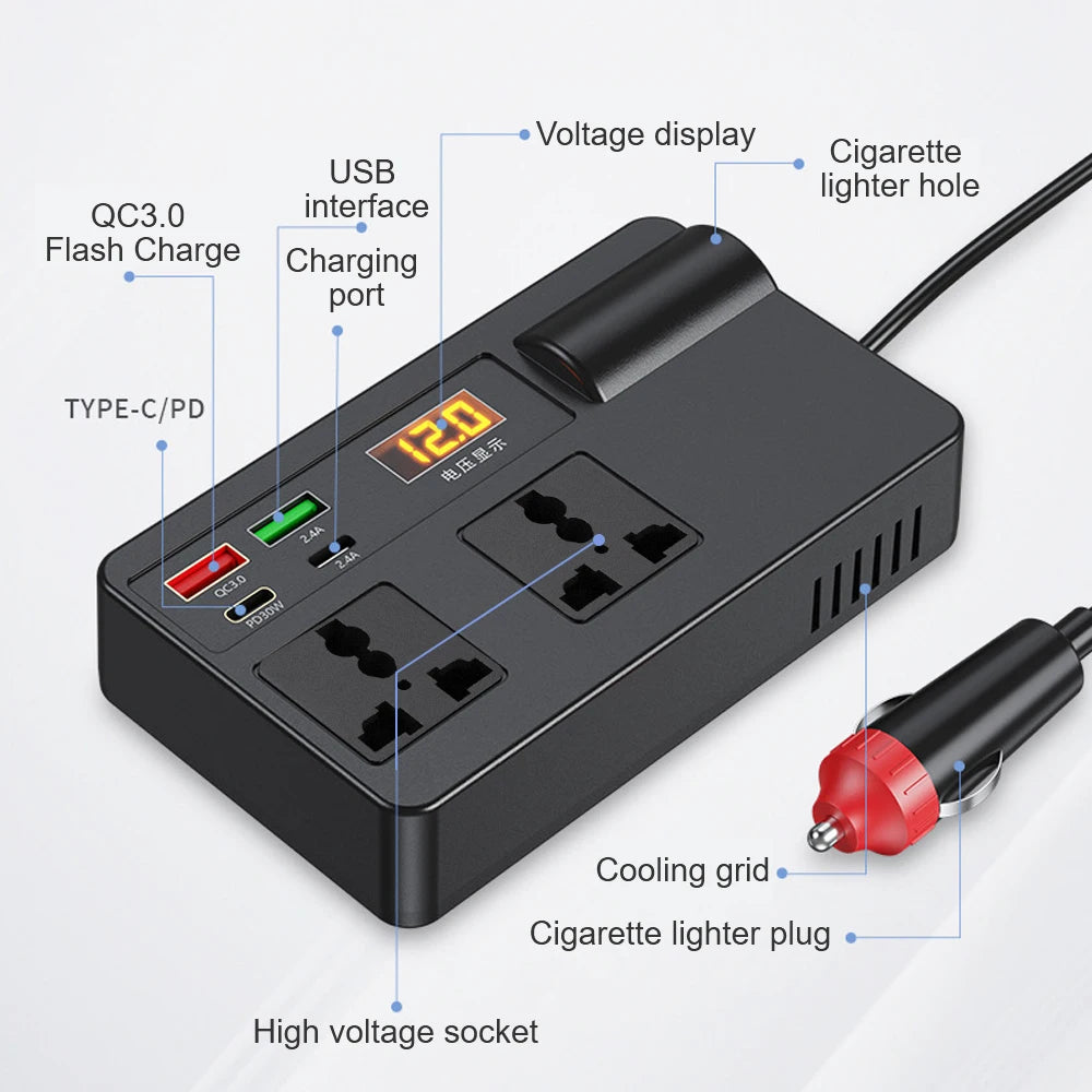 A black car power inverter with a USB interface and multiple ports for charging devices.