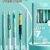 A set of seven clear and mint green gel pens displayed in a packaging box.