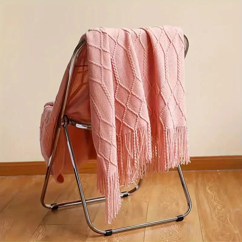 Khaki Knitted Throw Blanket with Tassels