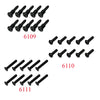 A collection of various black and silver RC car receiver parts, including different types of screws and components.