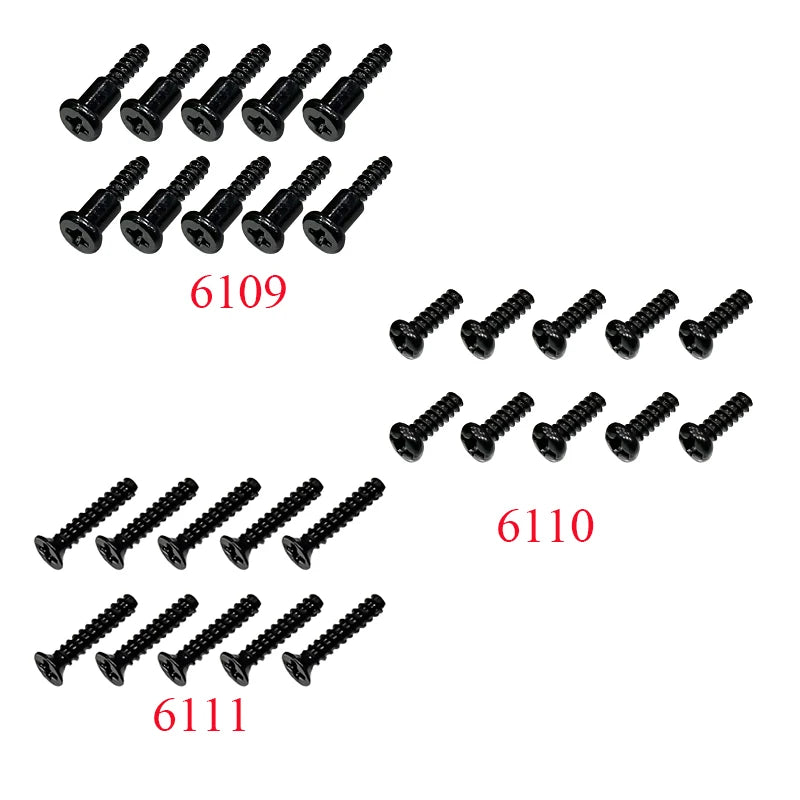 A collection of various black and silver RC car receiver parts, including different types of screws and components.
