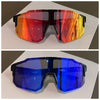 A pair of polarized sunglasses with a gradient lens transitioning from orange to yellow and another pair with a deep blue len