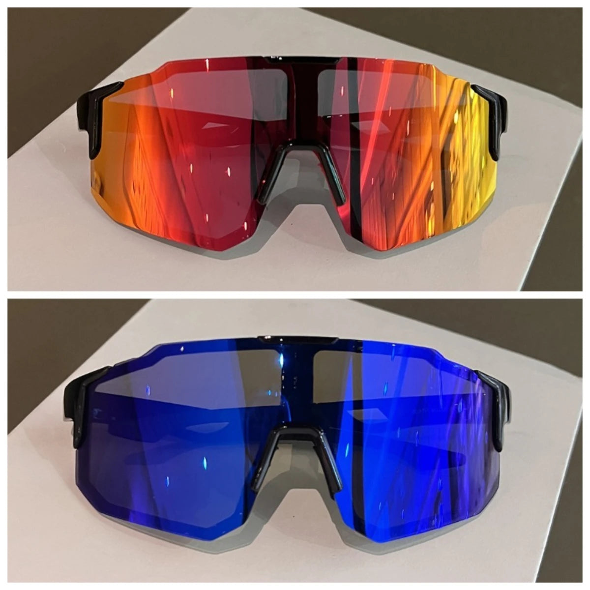 A pair of polarized sunglasses with a gradient lens transitioning from orange to yellow and another pair with a deep blue len