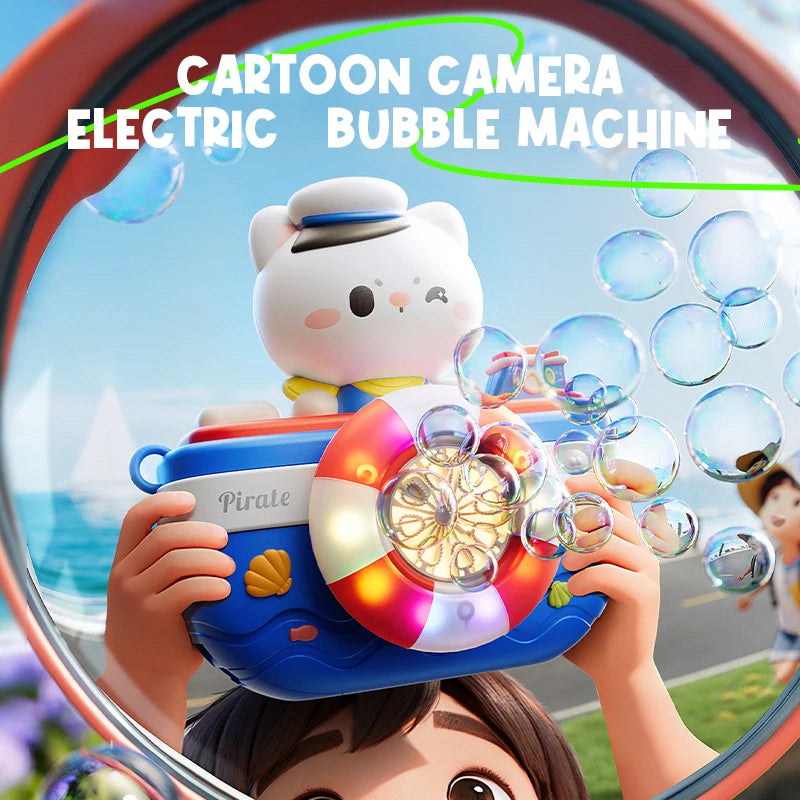 A child holds a pirate-themed camera-shaped bubble machine with lights and music, surrounded by floating bubbles.