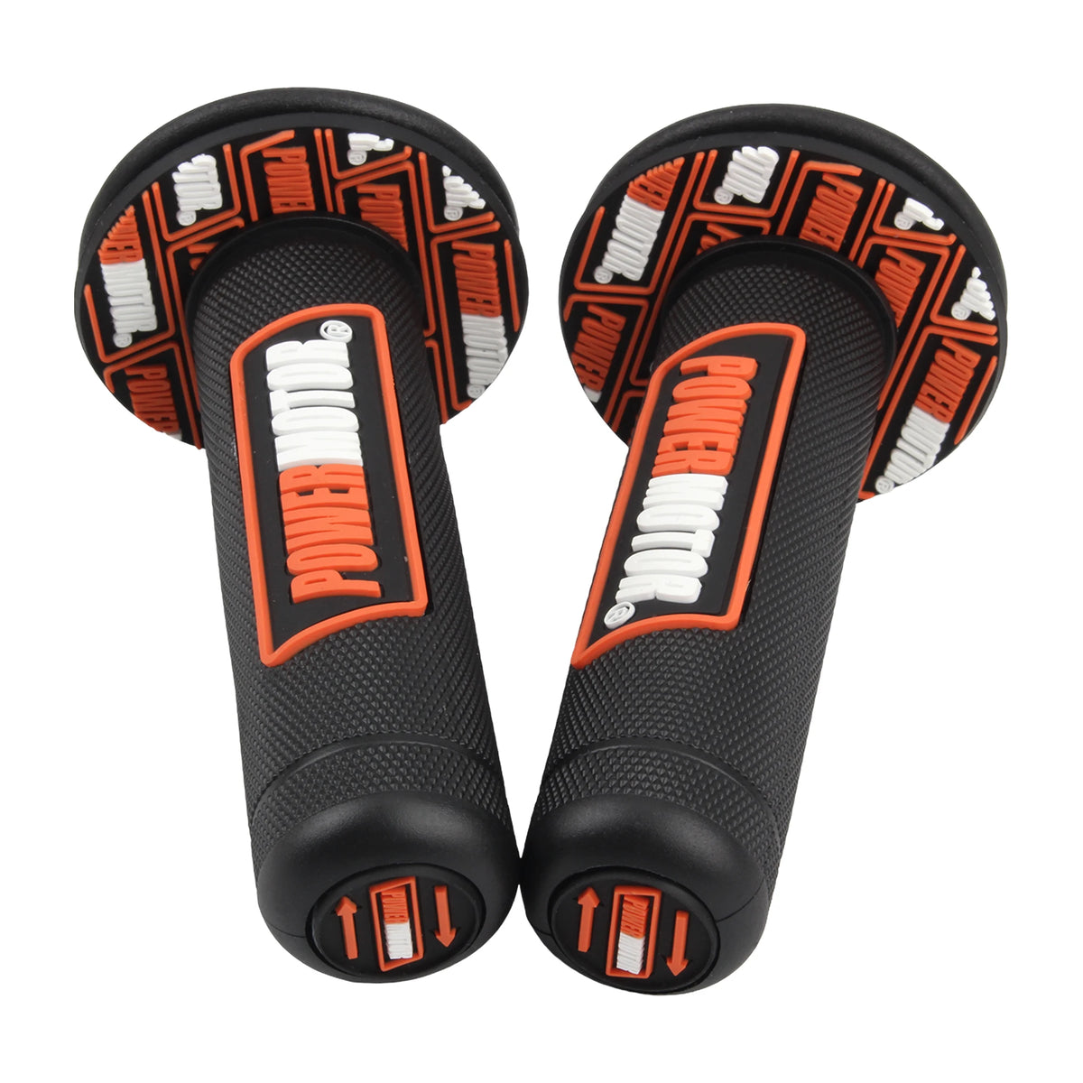 Pair of black motorcycle handlebar grips with orange and white patterned rubber covers