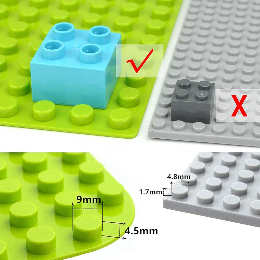 Comparison of building blocks showing correct and incorrect pieces with various sizes and colors.