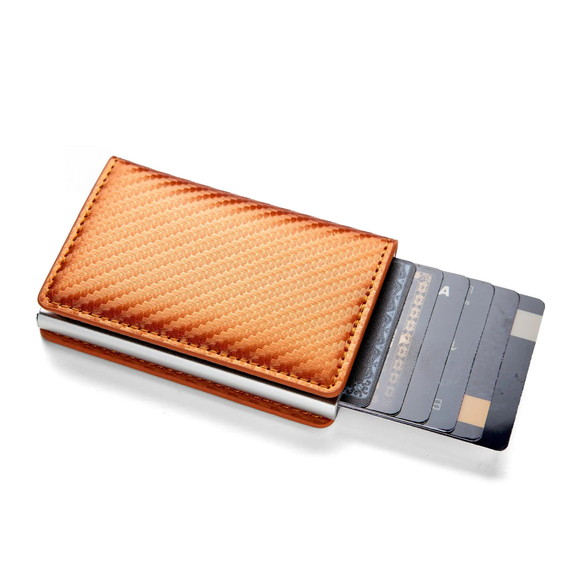 A slim leather card holder with a textured orange-brown cover and a black plastic card slot.