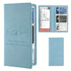 A light blue faux leather car insurance and registration holder with a clear plastic sleeve and an open display view.