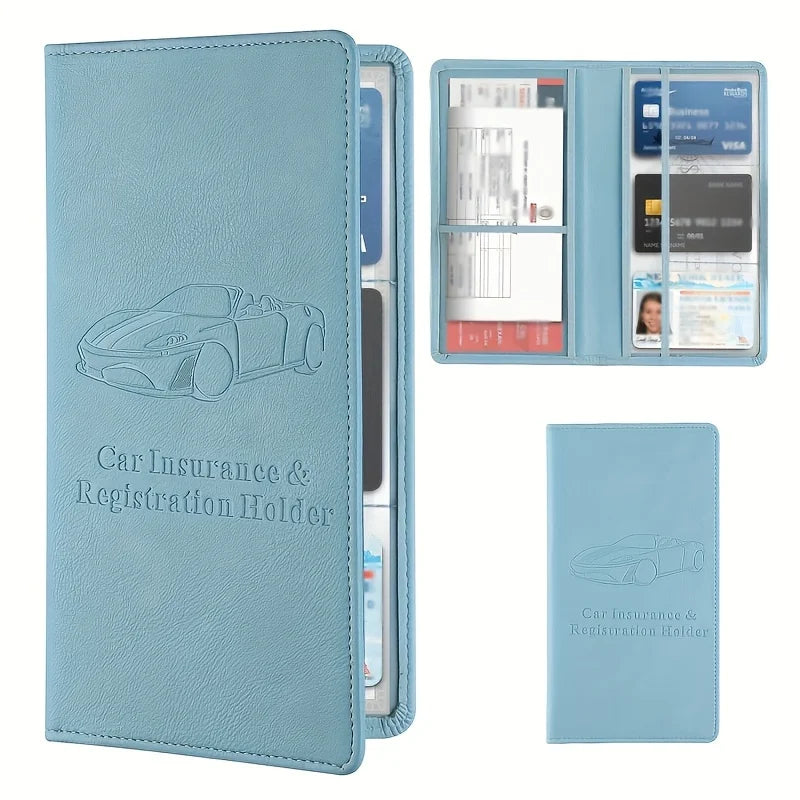 A light blue faux leather car insurance and registration holder with a clear plastic sleeve and an open display view.