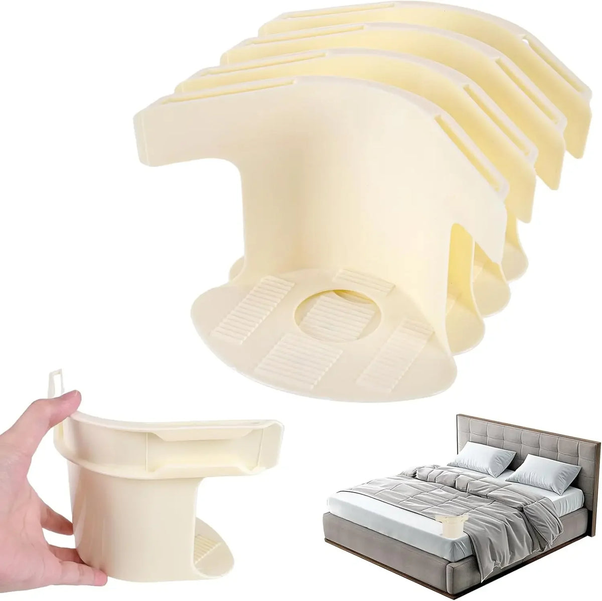 A set of beige bed sheet fixing clips and non-slip straps shown next to a hand and a bed.