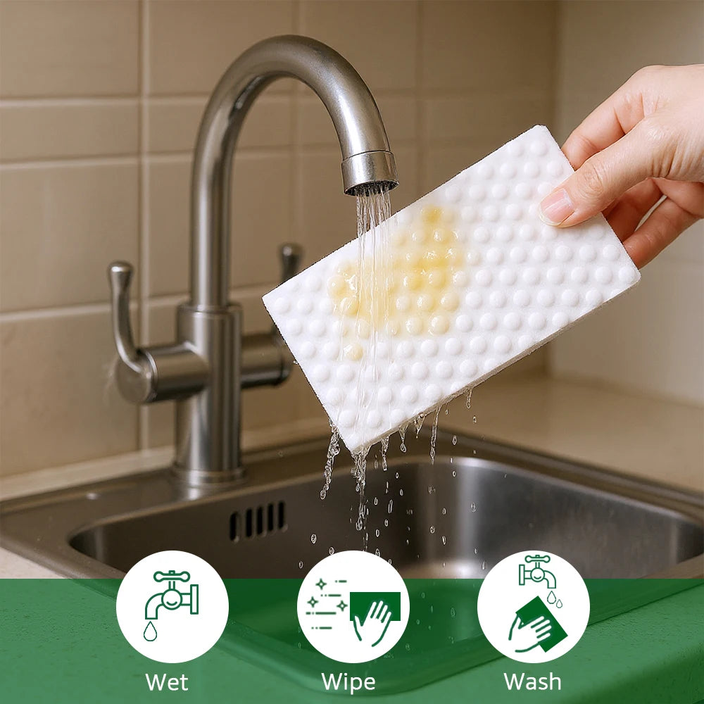 A hand is using a white magic eraser sponge to wash dishes in a stainless steel sink.
