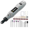 A cordless rotary tool kit for precision engraving, sanding, and drilling tools is shown with various bits.