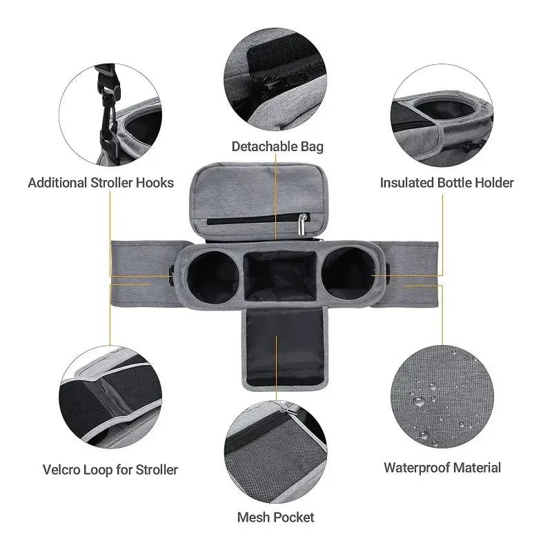 Universal Stroller Organizer with Insulated Cup Holders and Detachable Phone Bag