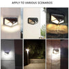 A solar powered motion sensor wall light fixture installed on a white exterior wall in various lighting conditions.