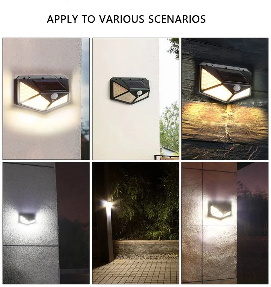 A solar powered motion sensor wall light fixture installed on a white exterior wall in various lighting conditions.
