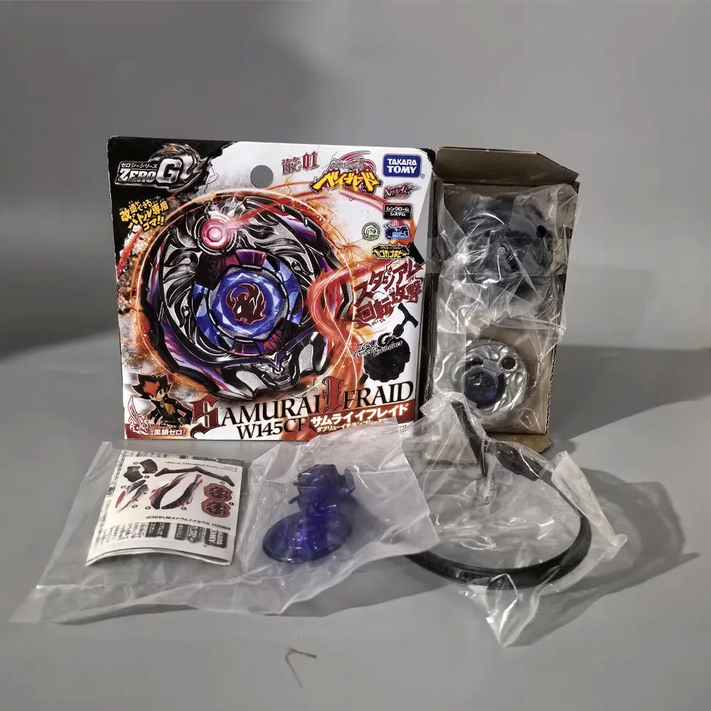 A box and components for a Premium Metal Spinning Top Battle Set featuring a detailed spinning top.