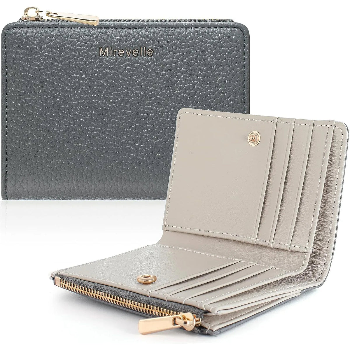 A light beige slim bi-fold wallet with a gold-tone zipper and leather trim.