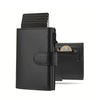 Schwarzes RFID-geschütztes Pop-up-Wallet für Männer mit mehreren Kartenfächern.