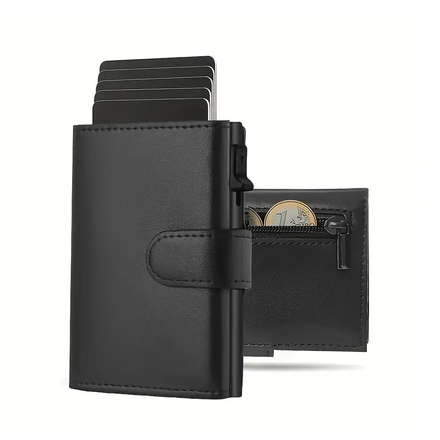 Schwarzes RFID-geschütztes Pop-up-Wallet für Männer mit mehreren Kartenfächern.
