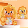 An orange lion cartoon animal music piano keyboard with lights for toddlers sitting on a light pink stand.