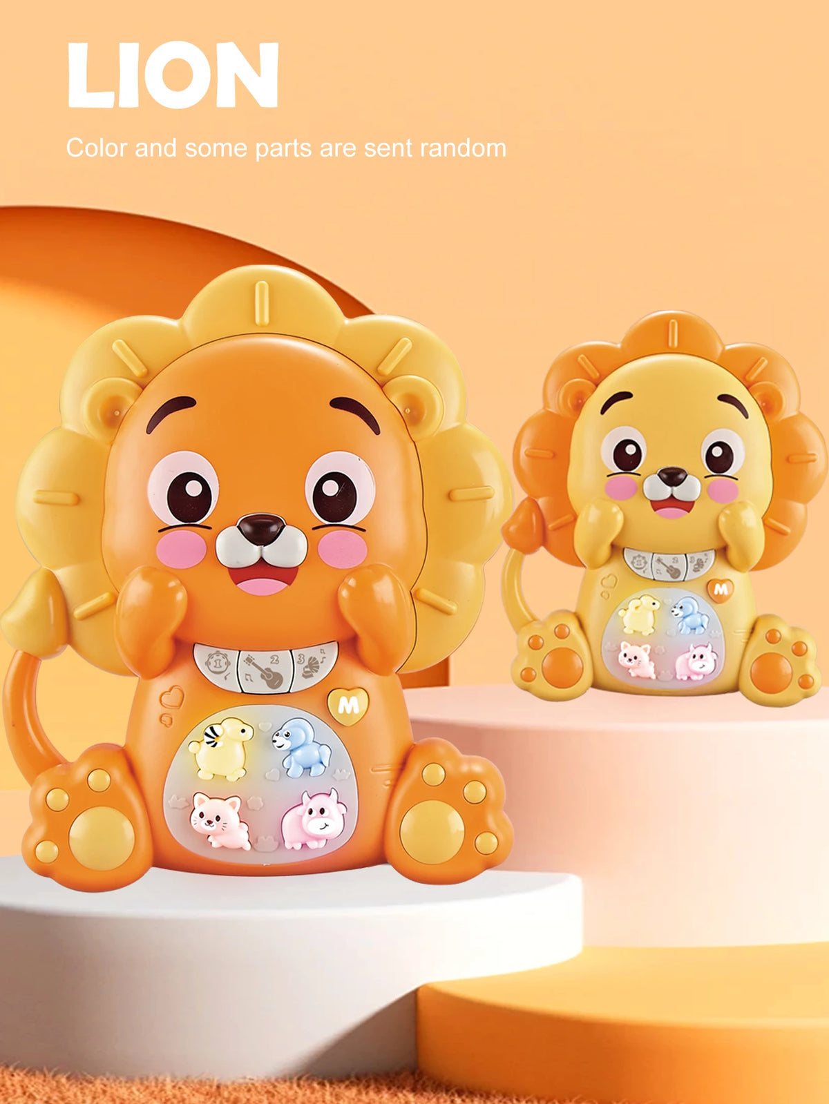 An orange lion cartoon animal music piano keyboard with lights for toddlers sitting on a light pink stand.