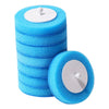 Stack of blue disposable aromatherapy toilet cleaners with white lids and wall-mount holders