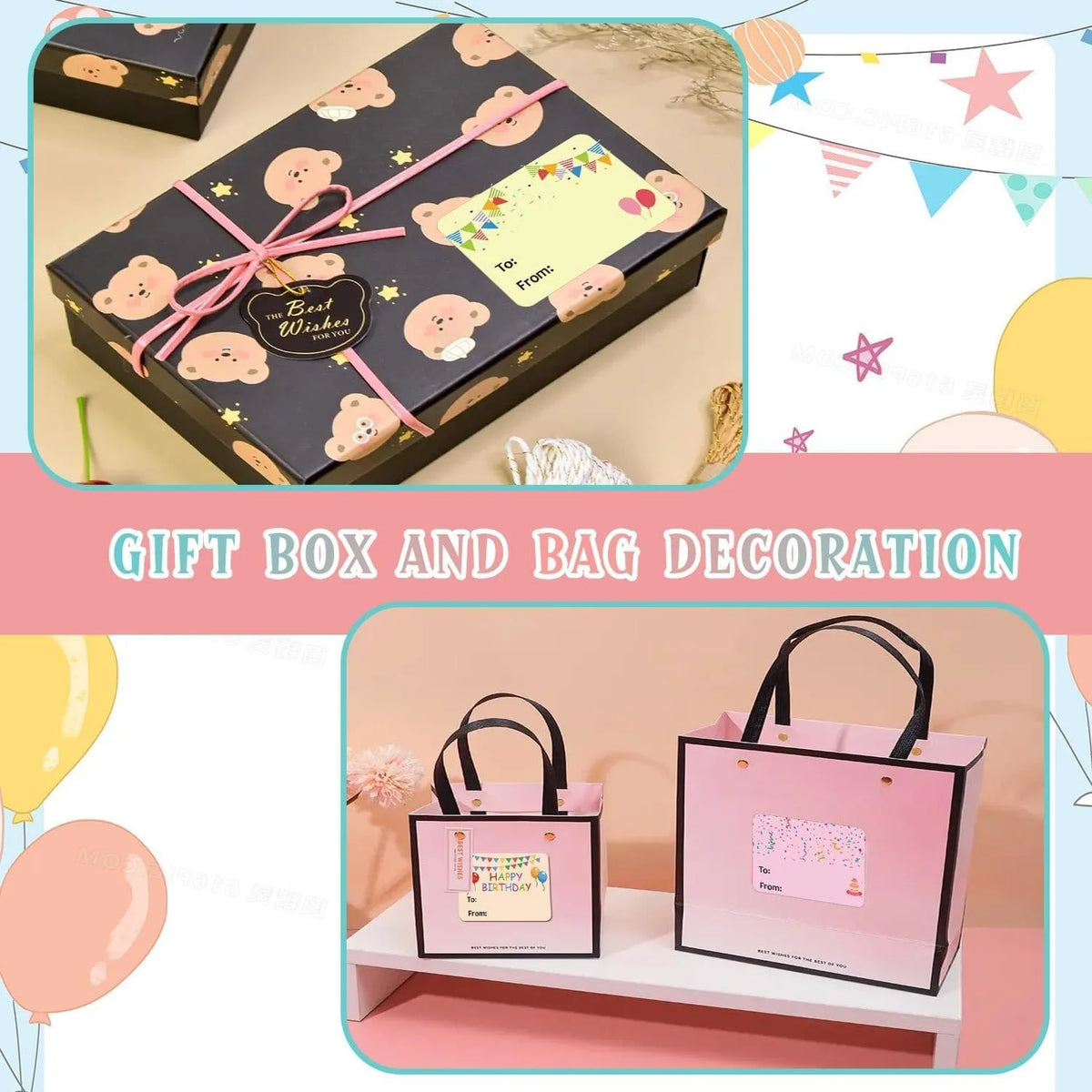 A gift box decorated with pink adhesive tags and a pink gift bag for parties and crafts