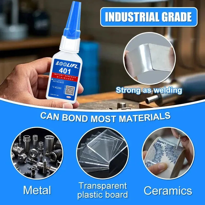 Eine Hand hält eine Flasche industrieller Klebstoff zum Verkleben verschiedener Materialien wie Metall, Kunststoffplatten und