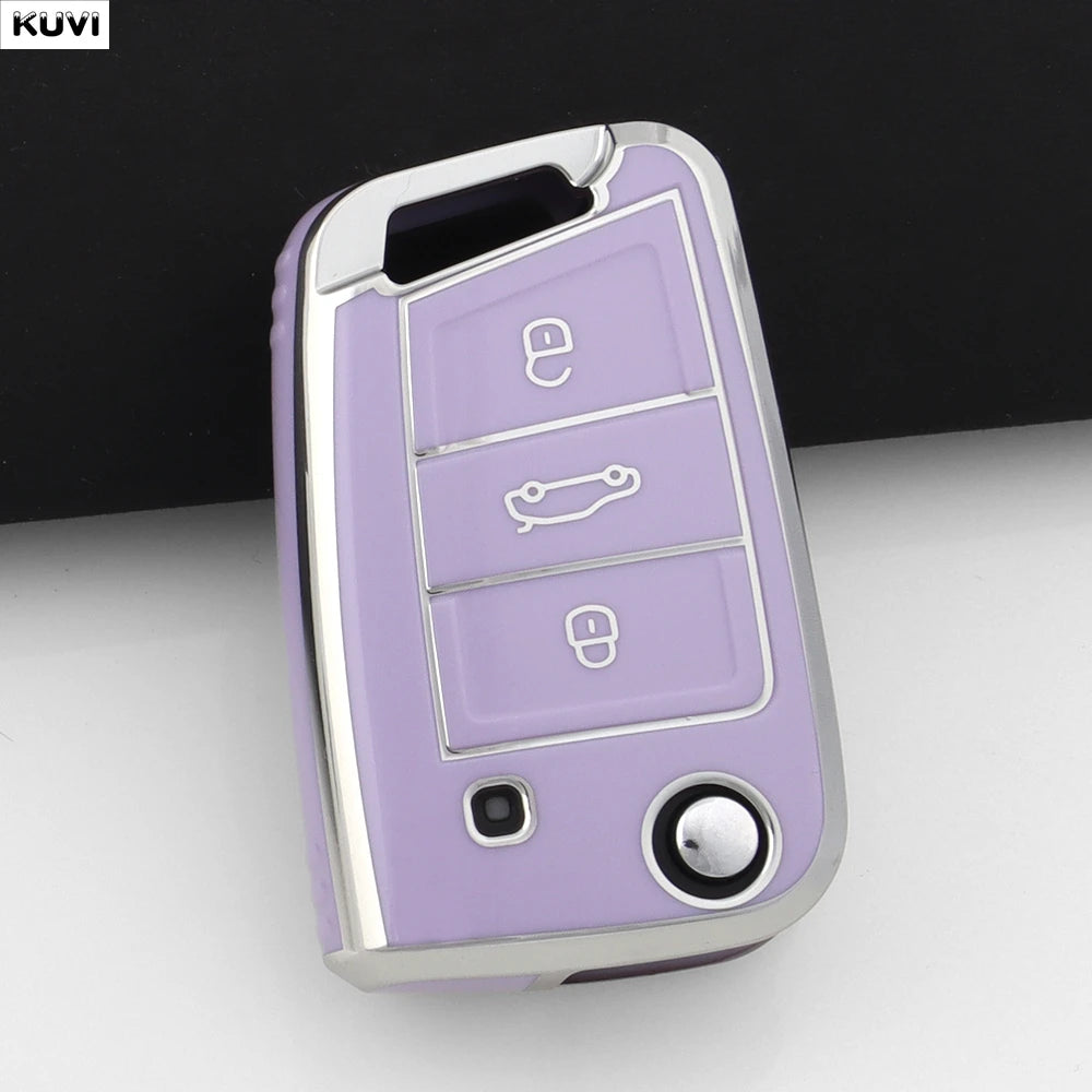 A purple TPU car key cover for VW, SEAT & Skoda models with various buttons and a silver ring.