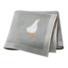 A gray soft cotton baby swaddle blanket featuring a white cartoon duck print.