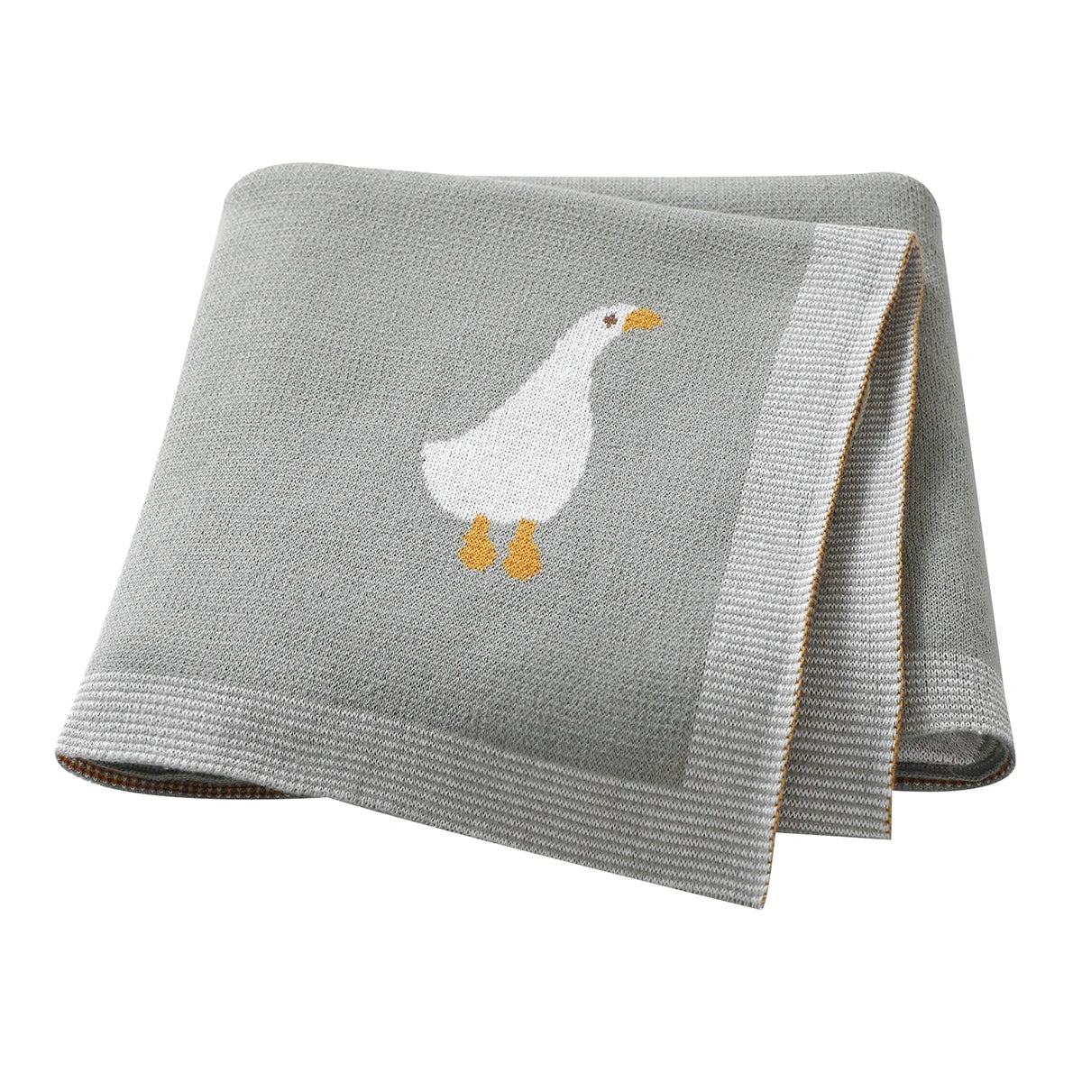 A gray soft cotton baby swaddle blanket featuring a white cartoon duck print.