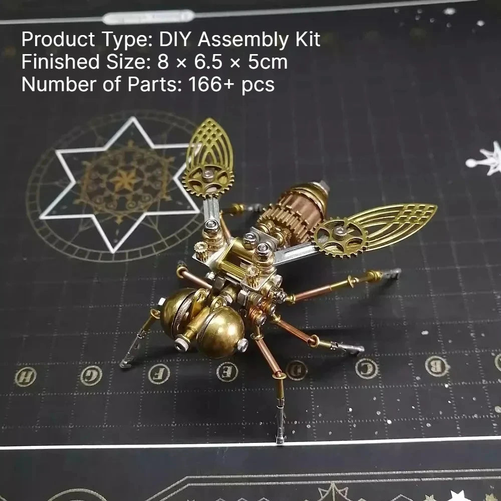 A DIY assembly kit of a durable metal insect puzzle decor featuring various parts and components.