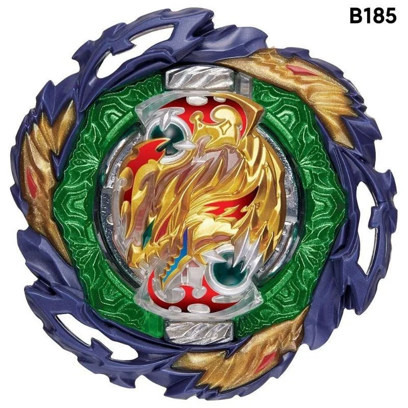 A blue and green battle spinning top with a central metal design and gold accents.