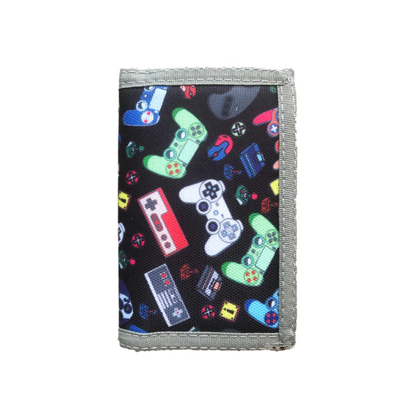 A trifold wallet featuring a dark background pattern of various video game console icons.