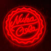 Red neon sign featuring the Nuka Cola bottle cap logo on a circular background against a dark background.