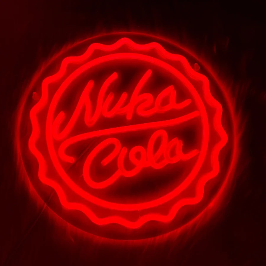 Red neon sign featuring the Nuka Cola bottle cap logo on a circular background against a dark background.