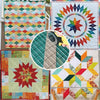 A collection of colorful quilt patterns and a transparent acrylic quilting ruler with seam allowance guide.