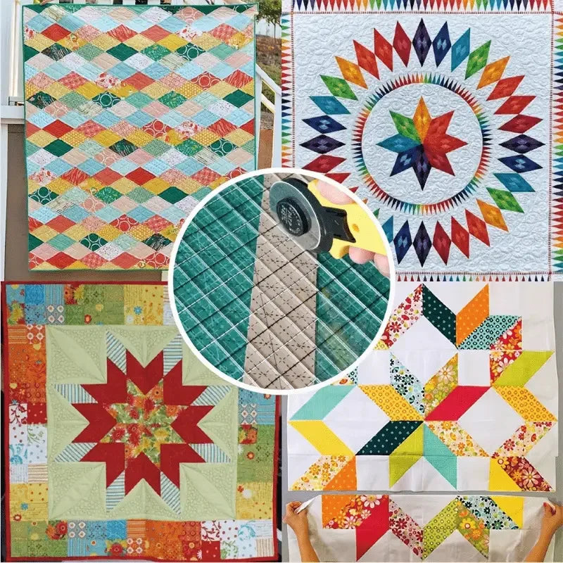 A collection of colorful quilt patterns and a transparent acrylic quilting ruler with seam allowance guide.