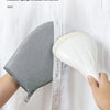A hand is holding a white ironing glove, which is shown next to a shirt with text about thickened sponge insulation.