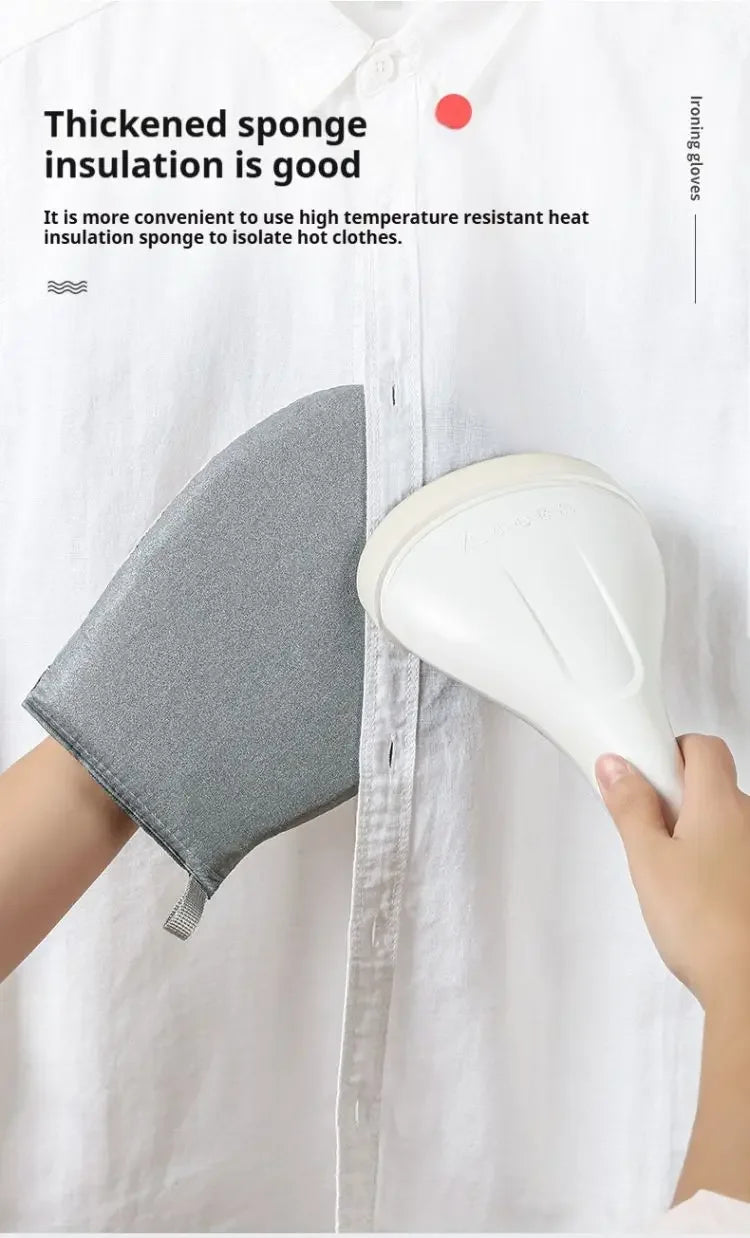 A hand is holding a white ironing glove, which is shown next to a shirt with text about thickened sponge insulation.