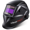 A black auto-darkening welding helmet with a purple display and clearmax branding.
