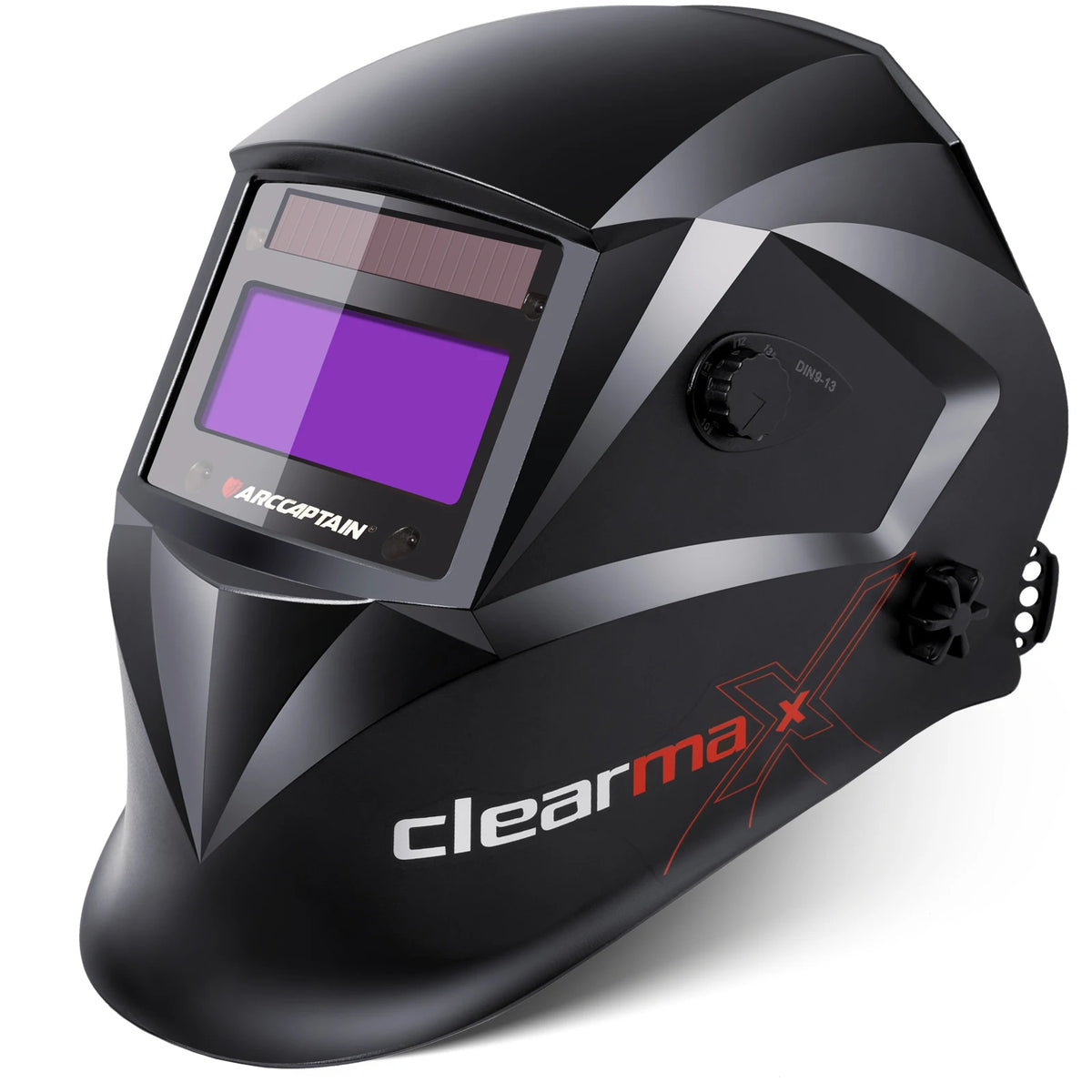 A black auto-darkening welding helmet with a purple display and clearmax branding.