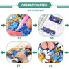Step-by-step process showing the creation of a diamond painting artwork using colorful beads and glue.