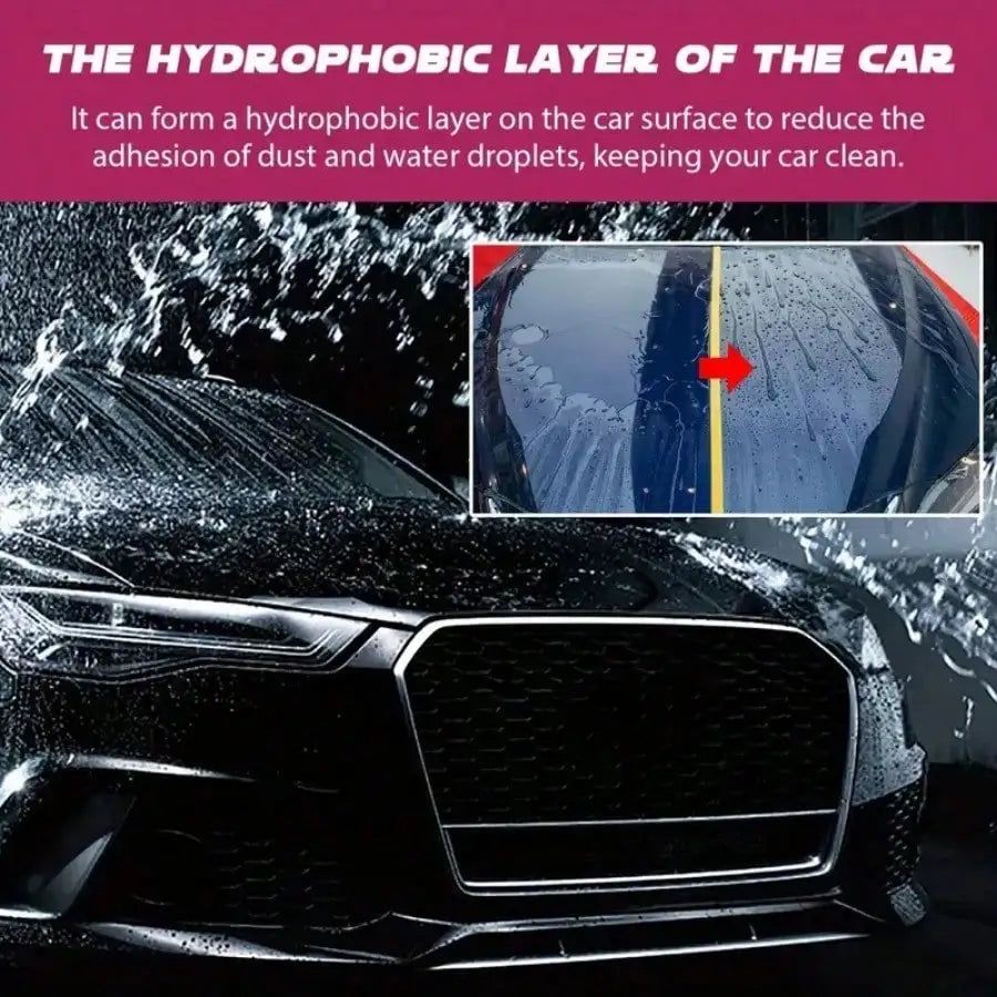 Close-up of a black car surface showing a hydrophobic layer protecting it from dust and water droplets.