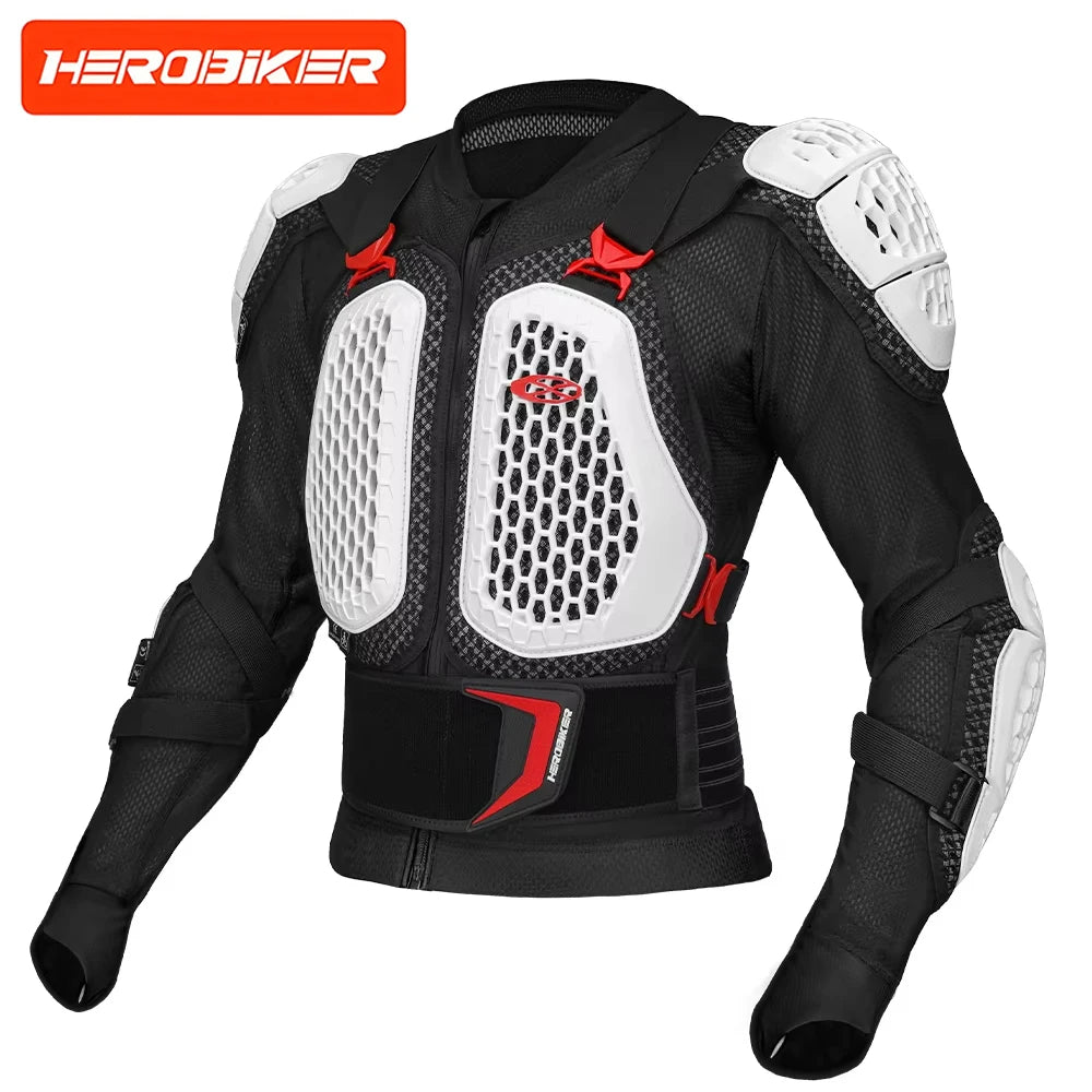 Black motocross armor jacket with white chest and back protection and red accents