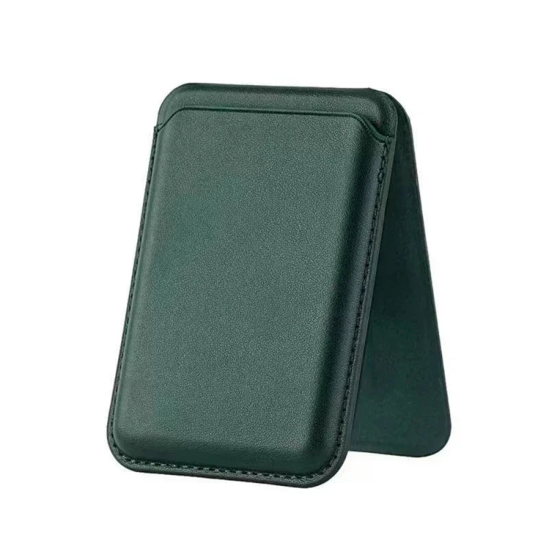 A dark green magnetic leather wallet case with a kickstand for an iPhone.