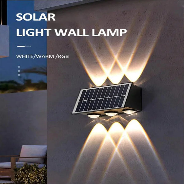 A solar light wall lamp mounted on a concrete wall, emitting bright, directional light beams.